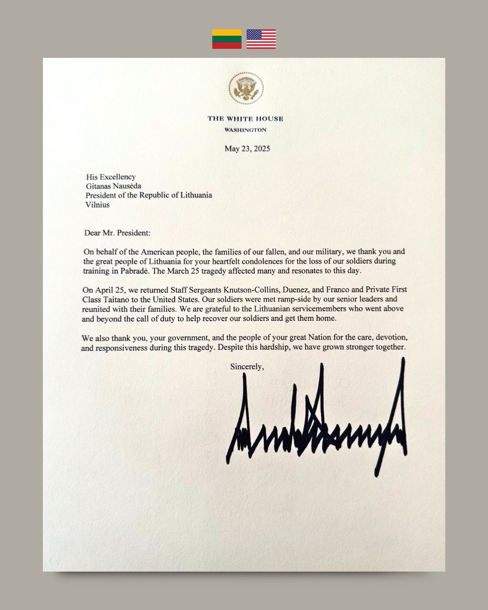 Embassy of Lithuania in DC | #StandWithUkraine (@ltembassyus) on Twitter photo Thank you, <a href="/POTUS/">President Donald J. Trump</a>, for these kind words of appreciation. The entire Lithuanian nation demonstrated solidarity and devotion in the recovery mission of four U.S. soldiers. Every American soldier on our soil is our own. #Lithuania is and will remain a true ally of the US. 🇱🇹🤍🇺🇸 Thank you, <a href="/POTUS/">President Donald J. Trump</a>, for these kind words of appreciation. The entire Lithuanian nation demonstrated solidarity and devotion in the recovery mission of four U.S. soldiers. Every American soldier on our soil is our own. #Lithuania is and will remain a true ally of the US. 🇱🇹🤍🇺🇸