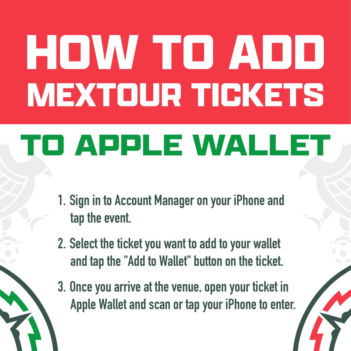 If you are coming to the Mexico vs. Switzerland match, we encourage you to add event tickets to your Apple Wallet or Google Pay before arriving at the gate. Adding tickets to your mobile wallet allows your tickets to be accessed without wireless service or wifi.