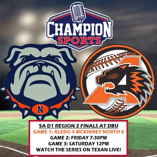 Champion Sports Radio (@championsports) on Twitter photo The <a href="/uiltexas/">Texas UIL</a> Baseball playoffs continue tonight with a pivotal Game 2 as #3 <a href="/AHSBSBLBooster/">Aledo Bearcat Baseball</a> takes on <a href="/MNHSAllAccess/">MNHS Bulldog Baseball</a>! If you can’t be there, watch with us on <a href="/Texan_Live/">Dave Campbell’s Texan Live - Texanlive.com</a>!
⚾️5A D1 State Semis
⏰7:30PM
📍<a href="/DBUPatriots/">Dallas Baptist University</a>
🎙️<a href="/bpropes30/">Barry Propes</a> & <a href="/CoachDZimmerman/">David Zimmerman</a>
📺 texanlive.com/video/6835f86c… The <a href="/uiltexas/">Texas UIL</a> Baseball playoffs continue tonight with a pivotal Game 2 as #3 <a href="/AHSBSBLBooster/">Aledo Bearcat Baseball</a> takes on <a href="/MNHSAllAccess/">MNHS Bulldog Baseball</a>! If you can’t be there, watch with us on <a href="/Texan_Live/">Dave Campbell’s Texan Live - Texanlive.com</a>!
⚾️5A D1 State Semis
⏰7:30PM
📍<a href="/DBUPatriots/">Dallas Baptist University</a>
🎙️<a href="/bpropes30/">Barry Propes</a> & <a href="/CoachDZimmerman/">David Zimmerman</a>
📺 texanlive.com/video/6835f86c…