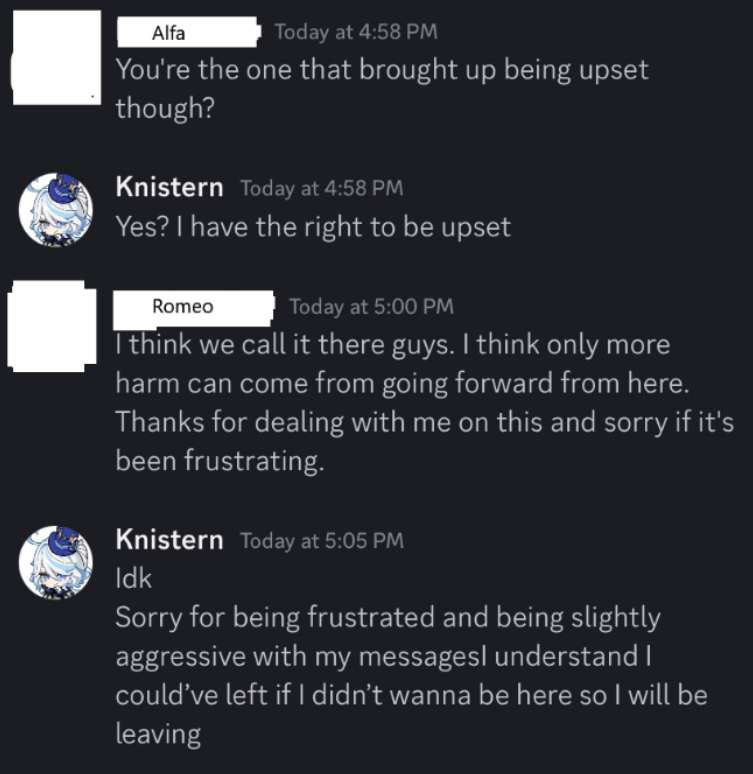 ElleranLL's tweet photo. @trishacuffari @Speedoshi Regarding the screenshot you sent: "She reacted incredibly negatively" -- Her saying that she is upset and leaving the DMs is not a 'meltdown' nor 'reacting incredibly negatively'. Knistern was only added to the group DMs because Speed added her to 'inform her'. (2/X) https://t.co/E2HZA95zJC