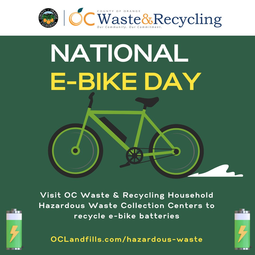 This #NationalEbikeDay, recycle your unused e-bike batteries at one of our convenient locations in Irvine, Huntington Beach, Anaheim, or San Juan Capistrano, open Tuesday–Saturday 9 AM-3 PM.
 OCLandfills.com/Hazardous-Waste for more info.
Please note: No business ewaste will be accepted