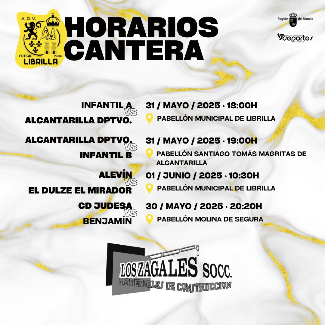 🗓️ Estos serán los partidos de nuestra cantera este fin de semana

Infantil A, Infantil B, Alevín y Benjamín buscarán la victoria de la mano de #LosZagalesSocc 🔥

#SomosLibrilla 💛 #EternamenteCati