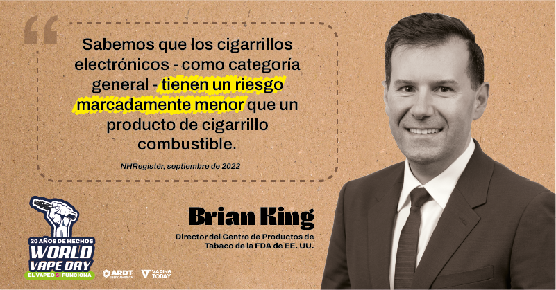 La FDA lo dice: los cigarrillos electrónicos tienen un riesgo marcadamente menor que los combustibles.
🧠 Palabras de Brian King.
#WorldVapeDay #MiSaludMiElección #ReducciónDeDañosYa #20AñosSinHumo

<a href="/echelecabeza/">Échele Cabeza</a>, <a href="/NicotinaRRD/">Plataforma para la Reducción de Daños en Nicotina</a>, <a href="/anesvap/">ANESVAP</a>, <a href="/provapeomexico/">Pro-Vapeo Mexico A.C.</a>, <a href="/AsovapeCR/">Asovape Costa Rica</a>, <a href="/ARDTPanama/">ARDT Panamá</a>,