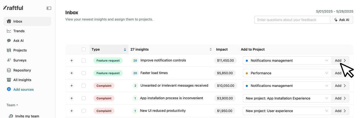 ✨Introducing Inbox✨ 

All your latest user feedback, organized into one actionable list.

🗂 Auto-suggested projects for every insight.

✅ One-click triage to quickly add insights to projects.

🔄 Daily refreshed analysis, showing one clear list of unique insights.

📚