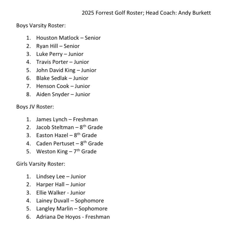 Congrats to the following for making the 2025 Forrest Golf team roster! #ForrestGolf #ChapelHill #TN
