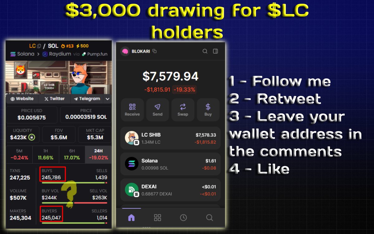 BLOKARI_'s tweet photo. 🔷$3,000 drawing for $LC holders

🔹There will be two winners in the drawing to receive $1,500 for simple actions:

1 - Follow me
2 - Retweet
3 - Leave your wallet address in the comments
4 - Like

🔹That's it, these simple steps will help you win $1.5k in memcoin $LC
🔹I will choose the winner in exactly 24 hours and will write him/her in private messages.
🔹Good luck everyone

🔹Also I have a telegram channel where we trade every day and make good money, if you are interested the link below.⬇️⬇️⬇️