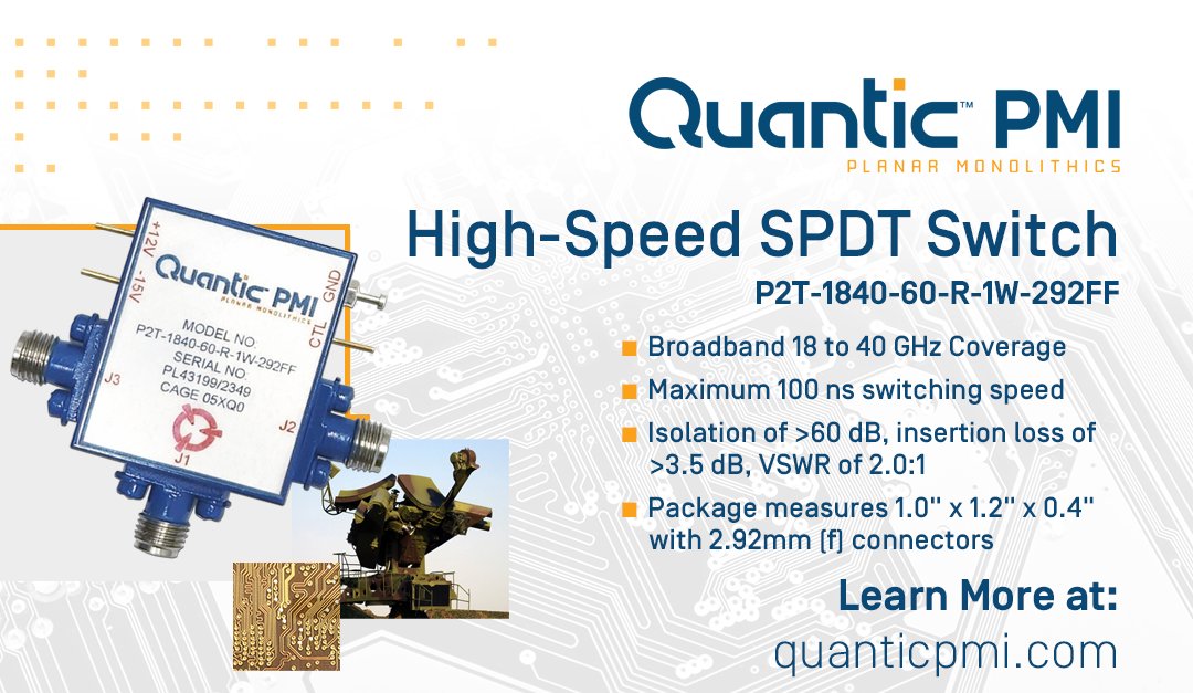 Featured in <a href="/MPD_socialmedia/">Microwave Product Digest</a> On-The-Market... <a href="/QuanticPMI/">Quantic PMI (Planar Monolithics)</a> Model P2T-1840-60-R-1W-292FF is a reflective SP2T switch that operates from 18 to 40 GHz and handles 1 W CW. The port-to-port isolation is 30 dB, with low ins loss and fast switching speed.

mpdigest.com/2025/05/23/18-…