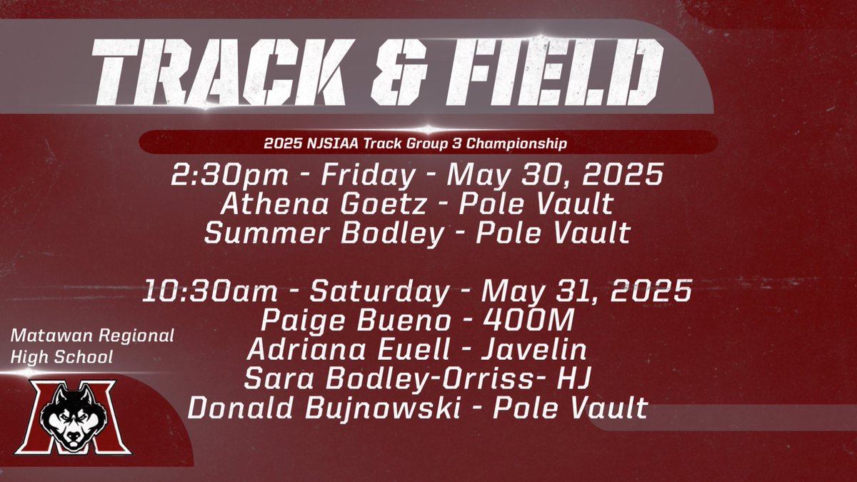 Good luck to our track athletes competing in the Group Championship today and tomorrow in South Plainfield!