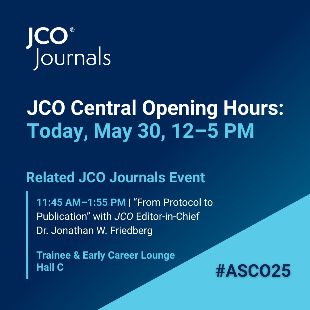 Journal of Clinical Oncology (@jco_asco) on Twitter photo Our #ASCO25 JCO Central lounge in Room S403b is open to all today from noon to 5 pm. Info & programming: brnw.ch/21wT2Z1
Today @ 11:45am #JCO EIC <a href="/DrJFriedberg/">Jonathan Friedberg</a> & Dr. Kathy Miller will host a grant writing & publishing workshop in the Trainee & Early Career Lounge. Our #ASCO25 JCO Central lounge in Room S403b is open to all today from noon to 5 pm. Info & programming: brnw.ch/21wT2Z1
Today @ 11:45am #JCO EIC <a href="/DrJFriedberg/">Jonathan Friedberg</a> & Dr. Kathy Miller will host a grant writing & publishing workshop in the Trainee & Early Career Lounge.