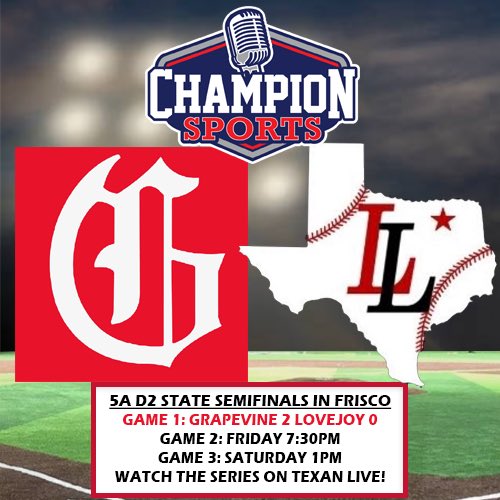 Champion Sports Radio (@championsports) on Twitter photo The <a href="/uiltexas/">Texas UIL</a> ⚾️ playoffs continue tonight with a pivotal Game 2 as #1 <a href="/Gvinebaseball/">Mustang Baseball</a> takes on #2 <a href="/LovejoyBaseball/">Lovejoy High School Baseball</a>! If you can’t be there, watch with us on <a href="/Texan_Live/">Dave Campbell’s Texan Live - Texanlive.com</a>!
⚾️5A D2 State Semis
⏰7:30PM
📍<a href="/RidersBaseball/">Frisco RoughRiders</a>
🎙️<a href="/MrThomasDLee/">Thomas D. Lee</a> & <a href="/PeteNielsen11/">Pete Nielsen</a>
📺 texanlive.com/video/6835fab4… The <a href="/uiltexas/">Texas UIL</a> ⚾️ playoffs continue tonight with a pivotal Game 2 as #1 <a href="/Gvinebaseball/">Mustang Baseball</a> takes on #2 <a href="/LovejoyBaseball/">Lovejoy High School Baseball</a>! If you can’t be there, watch with us on <a href="/Texan_Live/">Dave Campbell’s Texan Live - Texanlive.com</a>!
⚾️5A D2 State Semis
⏰7:30PM
📍<a href="/RidersBaseball/">Frisco RoughRiders</a>
🎙️<a href="/MrThomasDLee/">Thomas D. Lee</a> & <a href="/PeteNielsen11/">Pete Nielsen</a>
📺 texanlive.com/video/6835fab4…