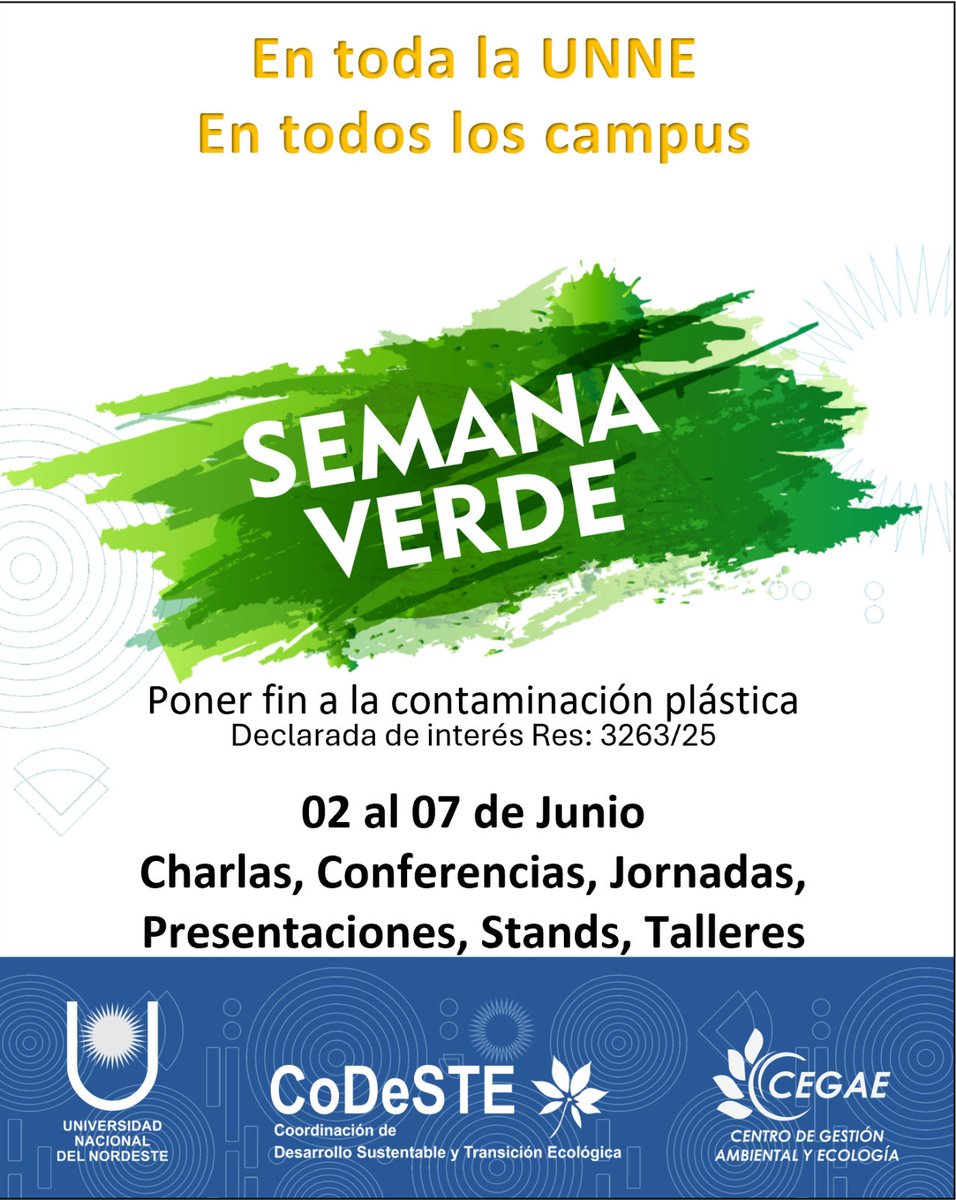 unneargentina's tweet photo. Semana Verde en la #UNNE: para sumar conciencia y educación ambiental en la comunidad universitaria ♻

Este 2025, el lema del Día Mundial del Ambiente (ONU) es «Poner fin a la contaminación plástica» y la UNNE se suma a la movida con una intensa agenda que incluirá charlas, talleres y exposiciones a cargo de especialistas en distintas temas ambientales, además de la presentación de un libro, entre otras propuestas presenciales y virtuales.

Las actividades de la Semana Verde UNNE 2025 son organizadas por el Centro de Gestión Ambiental y Ecología -CEGAE- perteneciente a la Coordinación de Desarrollo Sustentable y Transición Ecológica de la UNNE.

Durante 6 días consecutivos, habrá múltiples actividades planificadas en conjunto con las unidades académicas e institutos, con propuestas que se desarrollarán en los Campus de Corrientes y Resistencia.

Leé más detalles → https://t.co/zNee10ilDg