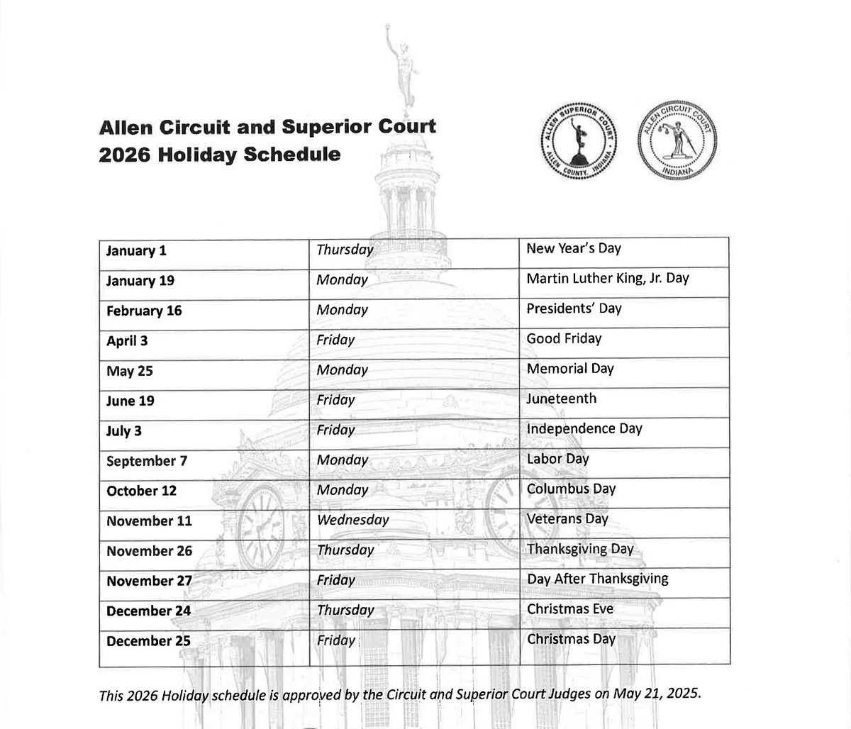 allensuperiorct's tweet image. This week, the Allen Circuit and Superior Courts published their 2026 schedule of Court holidays.