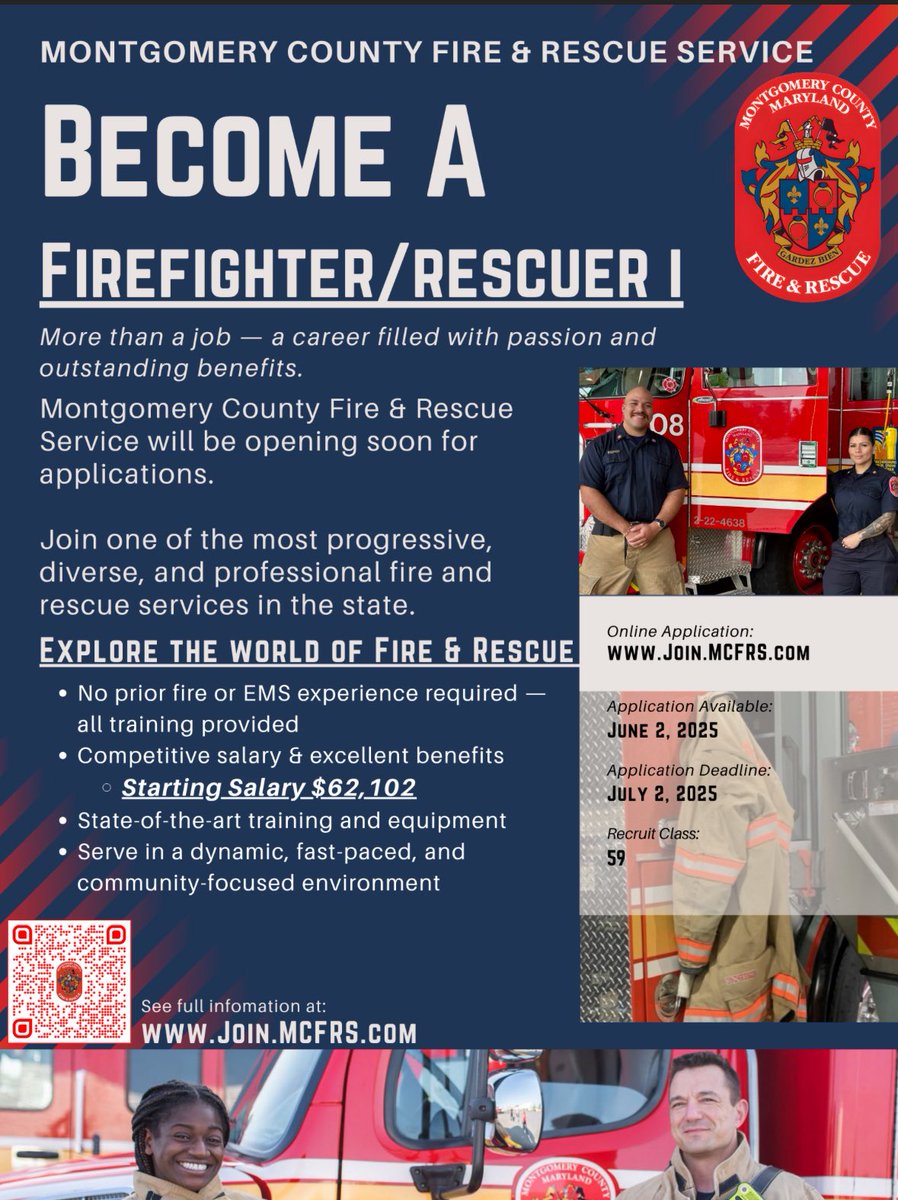 MCFRSNews's tweet image. MCFRS is Hiring. … We are pleased to announce that the application period for MCFRS Recruit Class 59 will open on 6.02.25, and close on 7.2.25. Join one of the most progressive, diverse, and professional Fire and Rescue Agencies in the country. . @mcfrsPIO @mcfrs