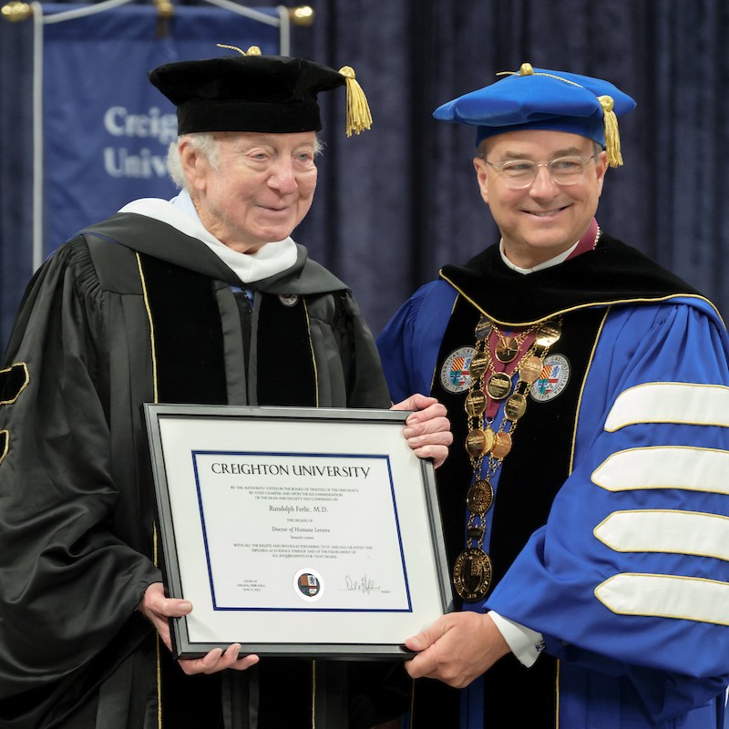 PresHendrickson's tweet image. Congratulations to our @creighton #Classof2025 honorary degree recipients: Dr. Randolph M. Ferlic, Mrs. Teresa Kolars Ferlic, and Mr. James V. Grimaldi. Your contributions as leaders in the fields of healthcare, philanthropy, and journalism are inspirational.