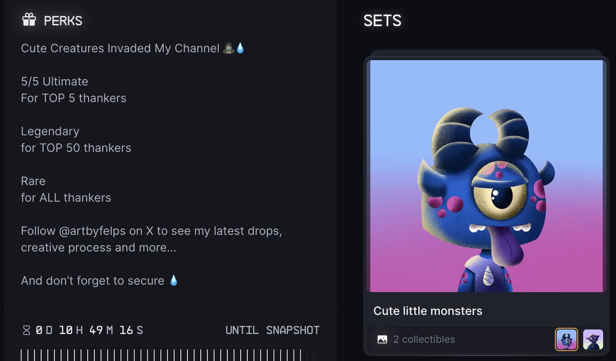 GM frens ☀️
10h until snapshot ends!
No minimum droplets to collect this cute little monster 🧟
🔗👇🏼