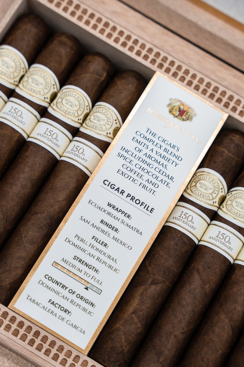 CoronaCigarCo's tweet photo. Celebrate 150 years of timeless passion and craftsmanship with the Romeo y Julieta 150th Anniversary.
Bold flavor. Elegant construction. A tribute to romance, legacy, and luxury.
Limited edition. Legendary smoke.
#RomeoyJulieta #RyJ #150Anniversary #CoronaCigar #Cigars #CigarLovers #LuxuryLifestyle #SmokeInStyle #CigarAficionado