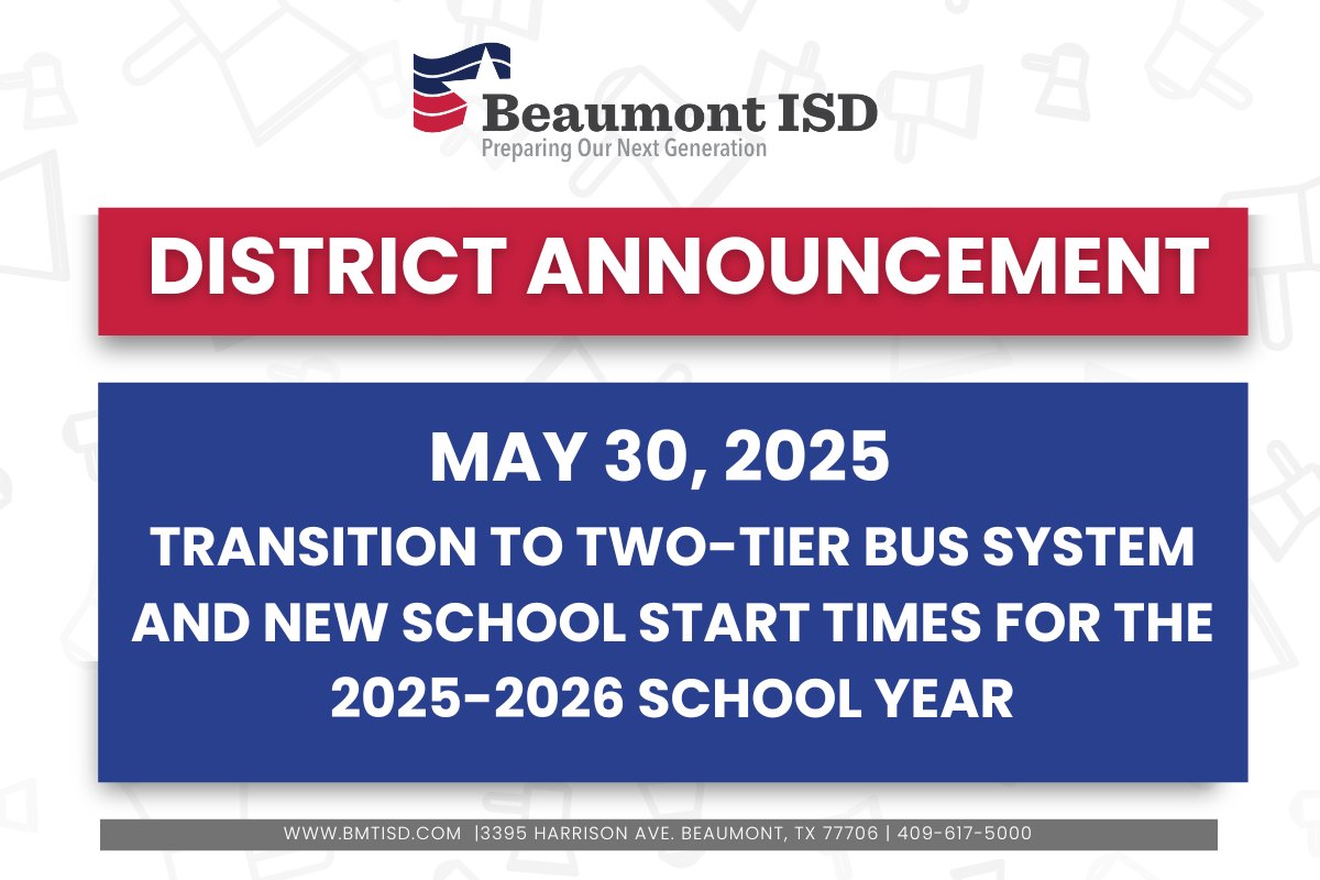 Beaumont ISD is excited to share an important transportation update aimed at improving efficiency, reducing student ride times, and streamlining our school schedules starting in the 2025-2026 school year.

bmtisd.com/departments/co…