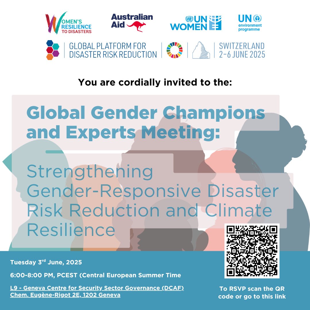 Join us tonight at the #GenderChampions reception at #GP2025 - bringing together leaders advancing women’s resilience in disaster risk reduction.
Thanks to 🇦🇺 <a href="/dfat/">Department of Foreign Affairs and Trade 🇦🇺</a> for your commitment to inclusive, gender-responsive resilience everywhere! 
#GenderInDRR <a href="/DCAF_Geneva/">DCAF HQ</a>