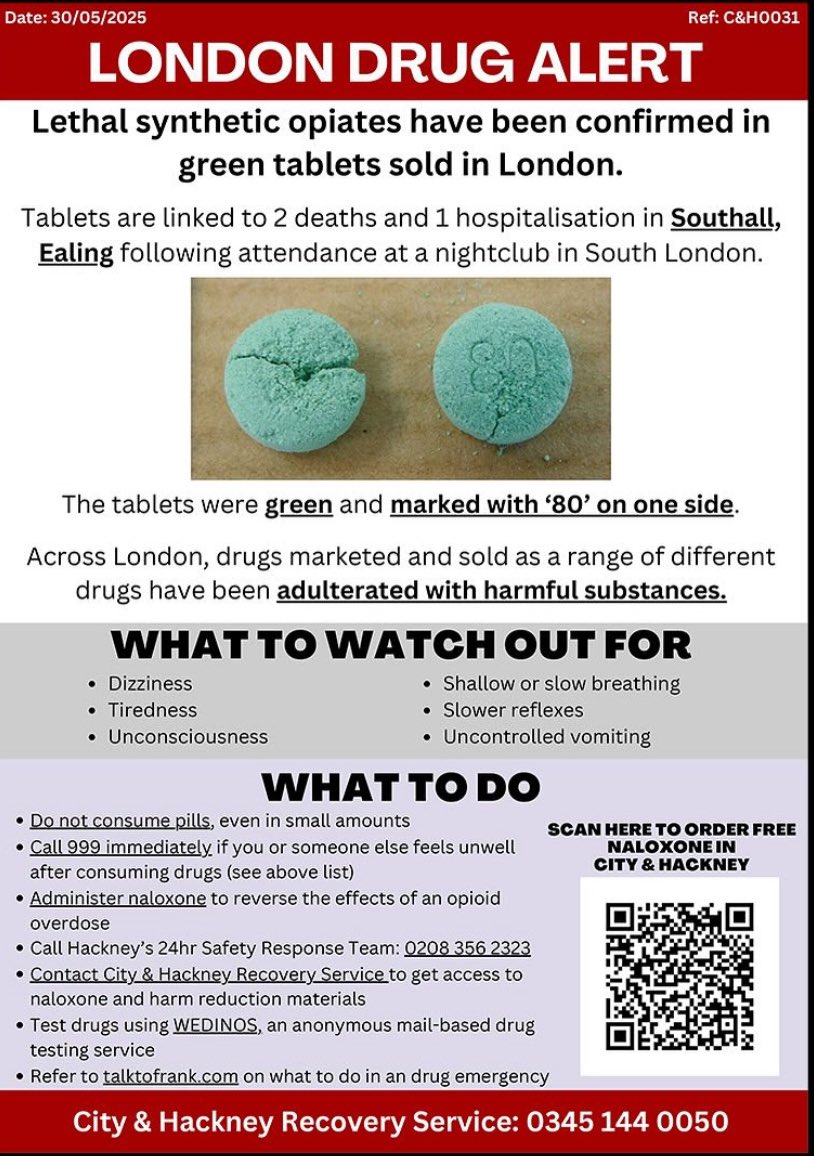 London drug alert following two deaths and a hospitalisation following attendance at a nightclub. Cases associated with green tablets marked with ‘80’ on the side