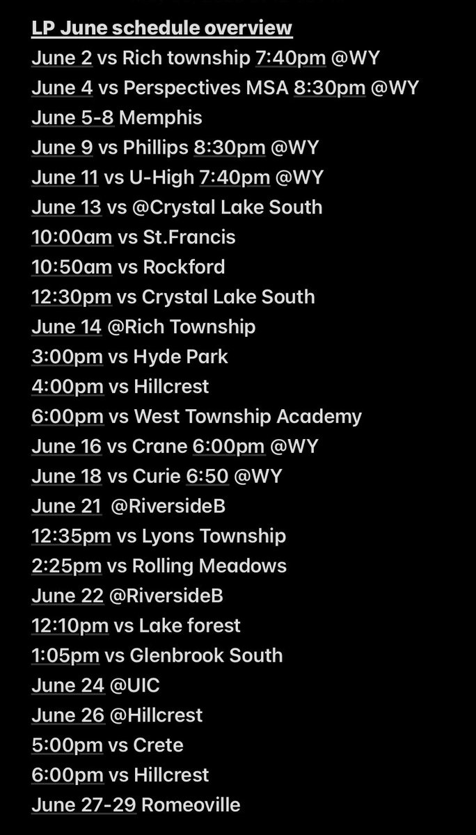 June Summer Schedule Overview