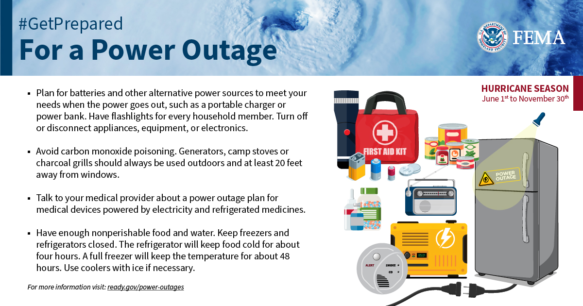 💡 Power outage prep: • Flashlights &amp; batteries • Backup chargers • Battery radio Guide: ready.gov/power-outages #PowerOutagePrep #HurricaneSeason
