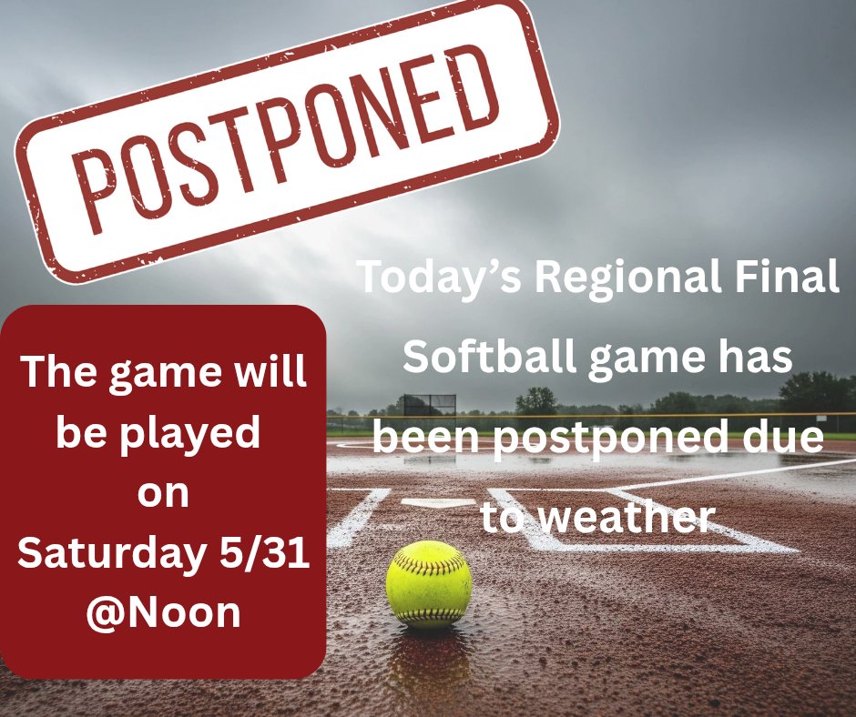 🚨🥎 Reschedule Alert 🥎🚨

Today's Regional Final game at Pickerington Central High School has been postponed due to weather. The game is rescheduled for Saturday 5/31 at noon.