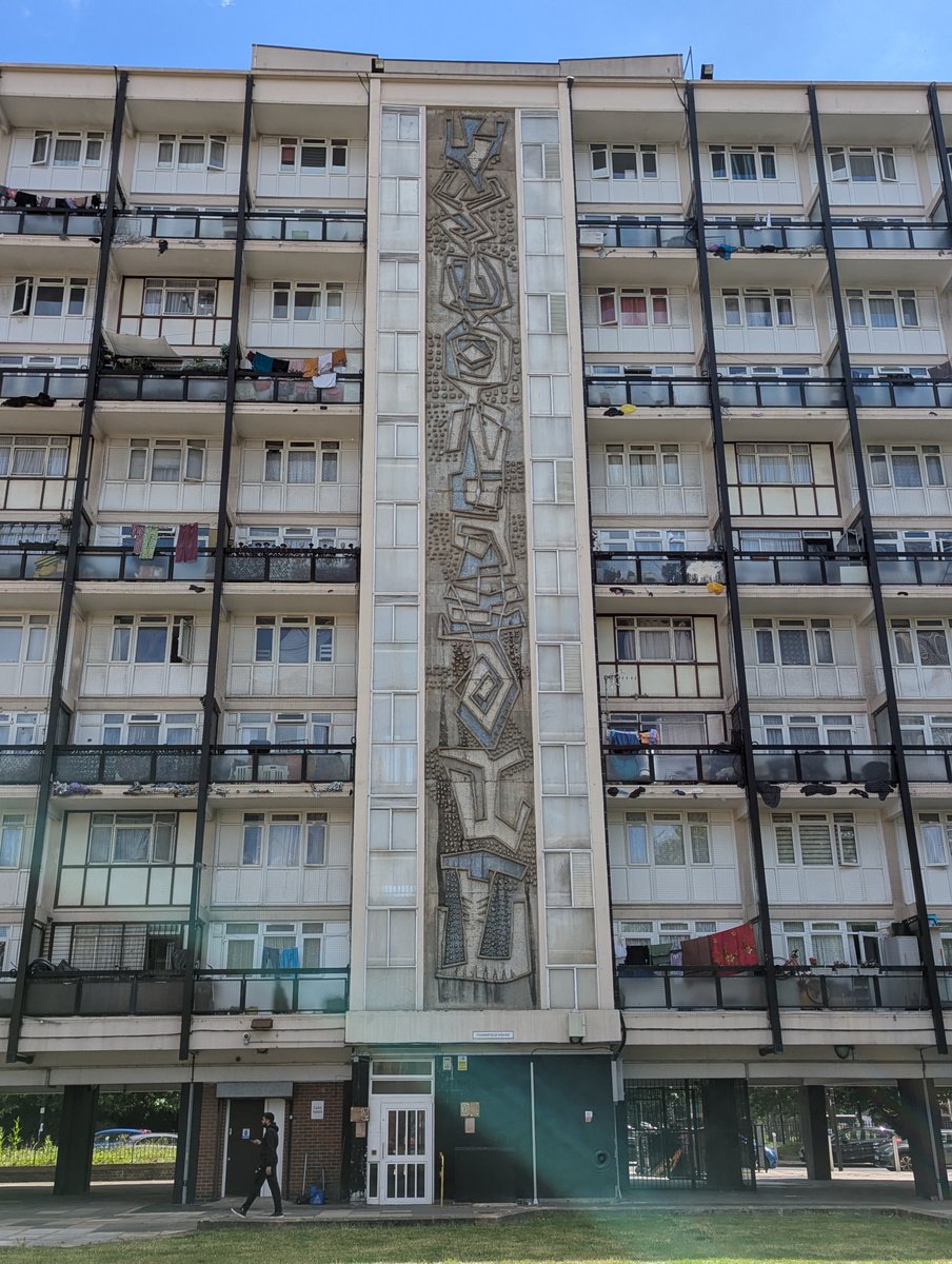 Antony Hollaway mural on Thornfield House, completed 1962, in the London County Council's Birchfield Estate, Poplar, east London.