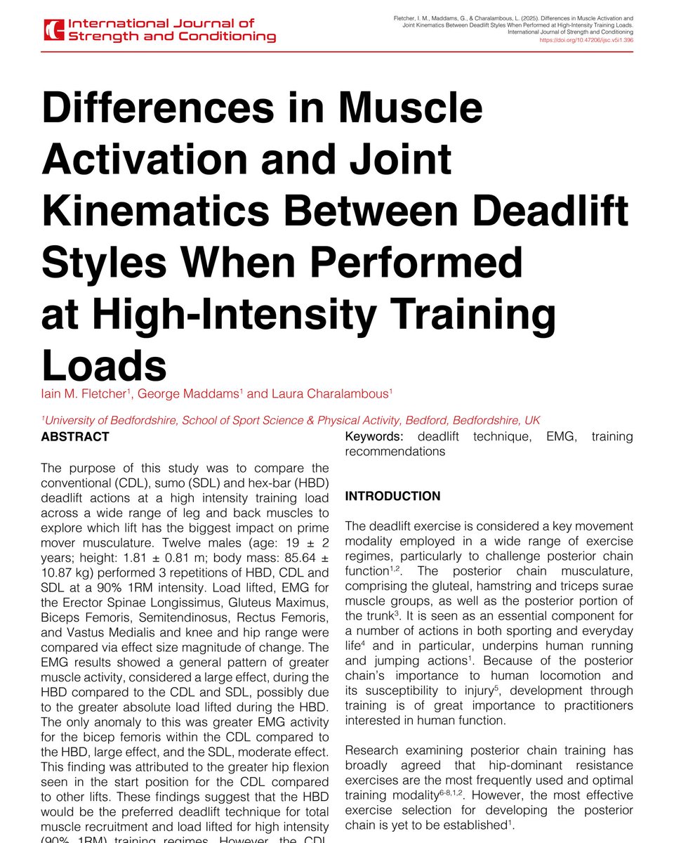 🚨Published Today🚨

Differences in Muscle Activation and Joint Kinematics Between Deadlift Styles When Performed at High-Intensity Training Loads

By Iain Fletcher, George Madame and Laura Charalambout

📲Hit the link below to read the full article for 🆓🔓