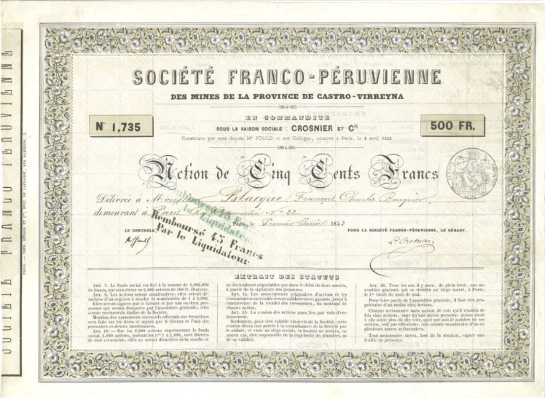 From the Origins of Value Virtual Museum: Societe Franco Peruvienne, 500 Fr. The Franco-Peruvian Mining Company of the Province of Castro-Virreyna share certificate, no. 1,735, 1853. bit.ly/43F4eTE #ICF_FinancialHistoryFriday