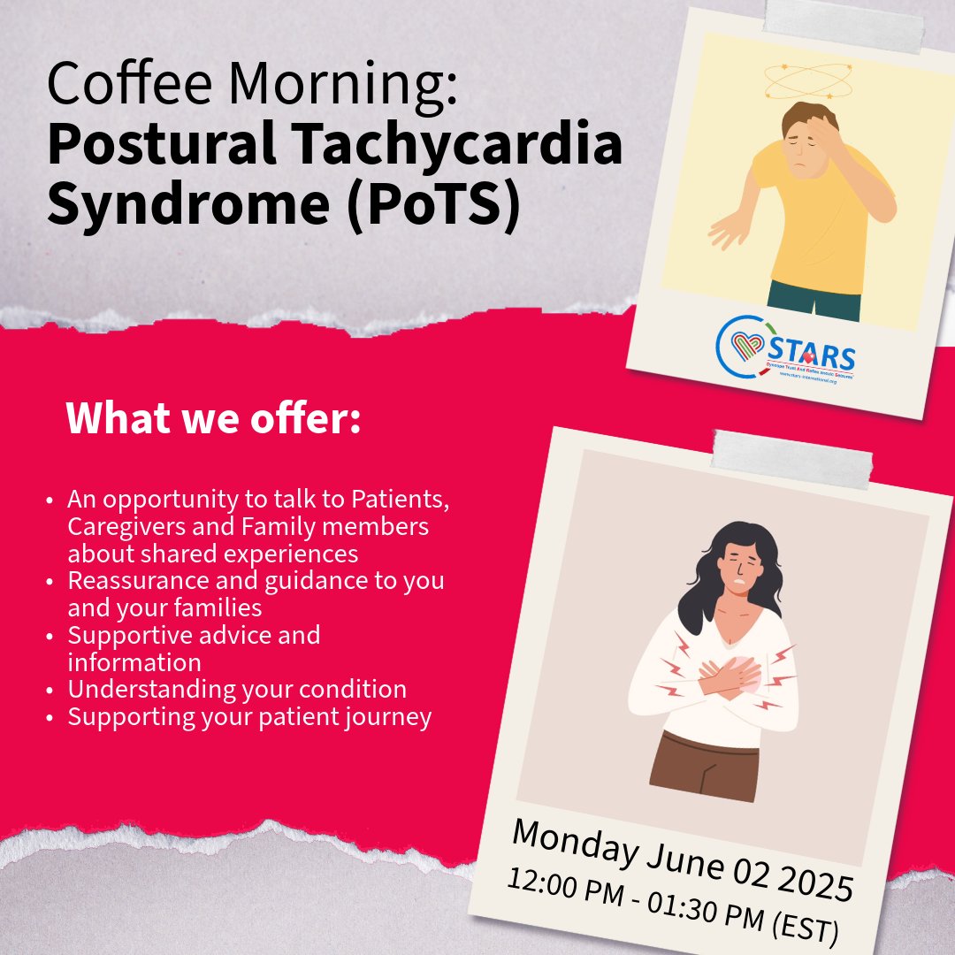 ☕ Join us for a Coffee Morning on Monday June 02, 12–1:30 PM EST to talk all things #PoTS. Connect with patients, families &amp; caregivers, share stories &amp; get support. You are not alone on this journey.  

Register: loom.ly/sA8ILco