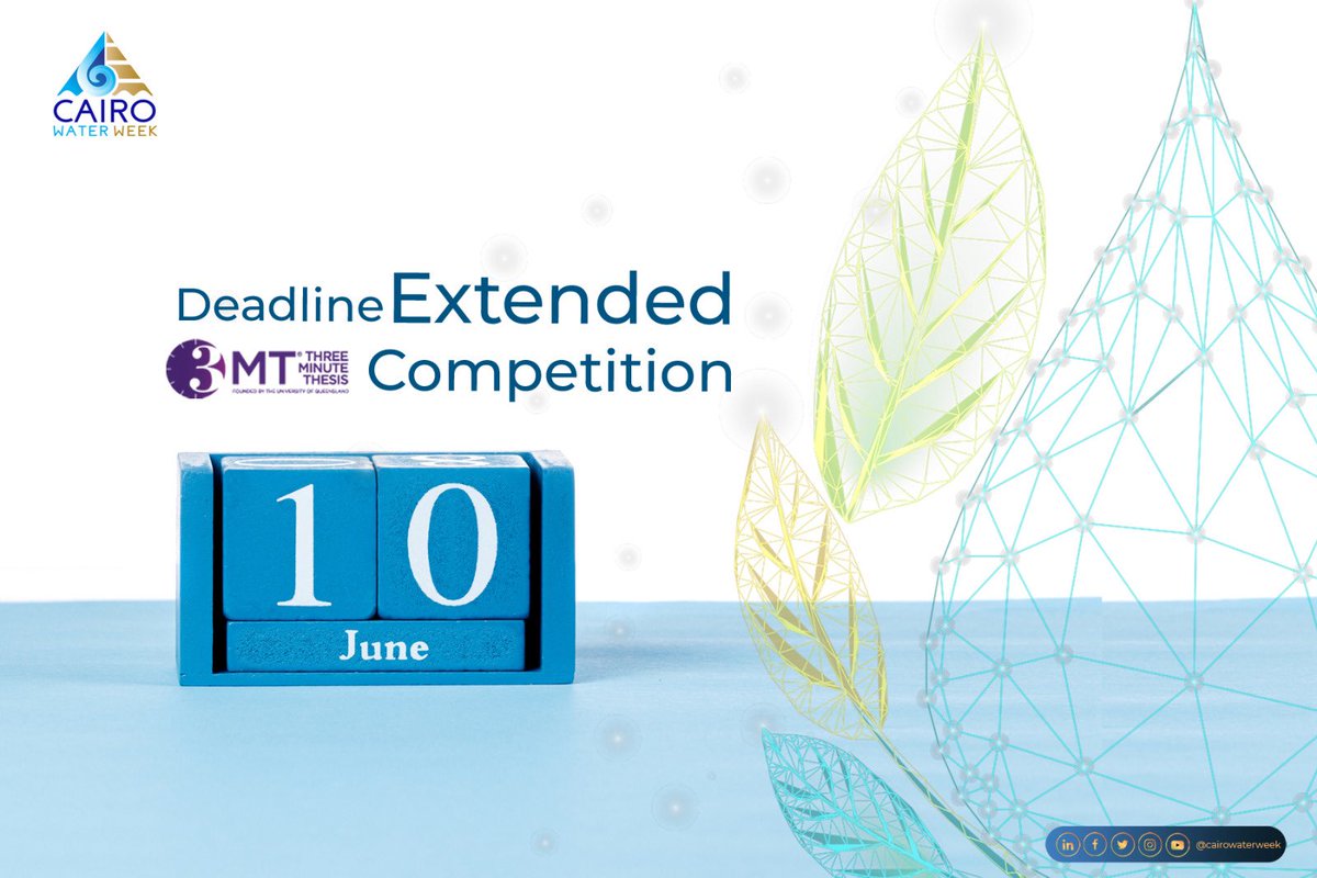 🎤 You’ve asked — we’ve listened!
The 3MT Competition deadline is now extended to 10 June.
More time to perfect your presentation. Let’s hear your big ideas in just 3 minutes!
#CWW2025 #3MT

cairowaterweek.eg/the-three-minu…