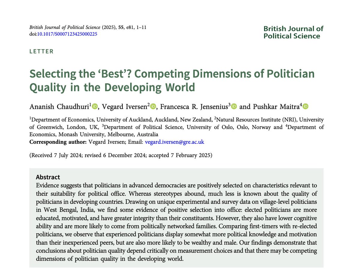 Milan Vaishnav (@milanv) on Twitter photo .<a href="/fr_jensenius/">Francesca R. Jensenius</a> and colleagues: In West Bengal, elected politicians are more educated, motivated, and have greater integrity than their constituents. However, they also have lower cognitive ability and are more likely to come from politically networked families. .<a href="/fr_jensenius/">Francesca R. Jensenius</a> and colleagues: In West Bengal, elected politicians are more educated, motivated, and have greater integrity than their constituents. However, they also have lower cognitive ability and are more likely to come from politically networked families.