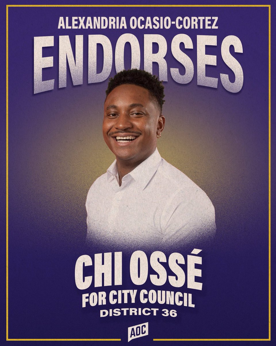 Chi Ossé (@ossechi) on Twitter photo I’m proud to earn the endorsement of one of America’s bravest, most effective, and most visionary leaders. Congresswoman <a href="/AOC/">Alexandria Ocasio-Cortez</a>, thank you for your friendship and for your support! I’m proud to earn the endorsement of one of America’s bravest, most effective, and most visionary leaders. Congresswoman <a href="/AOC/">Alexandria Ocasio-Cortez</a>, thank you for your friendship and for your support!