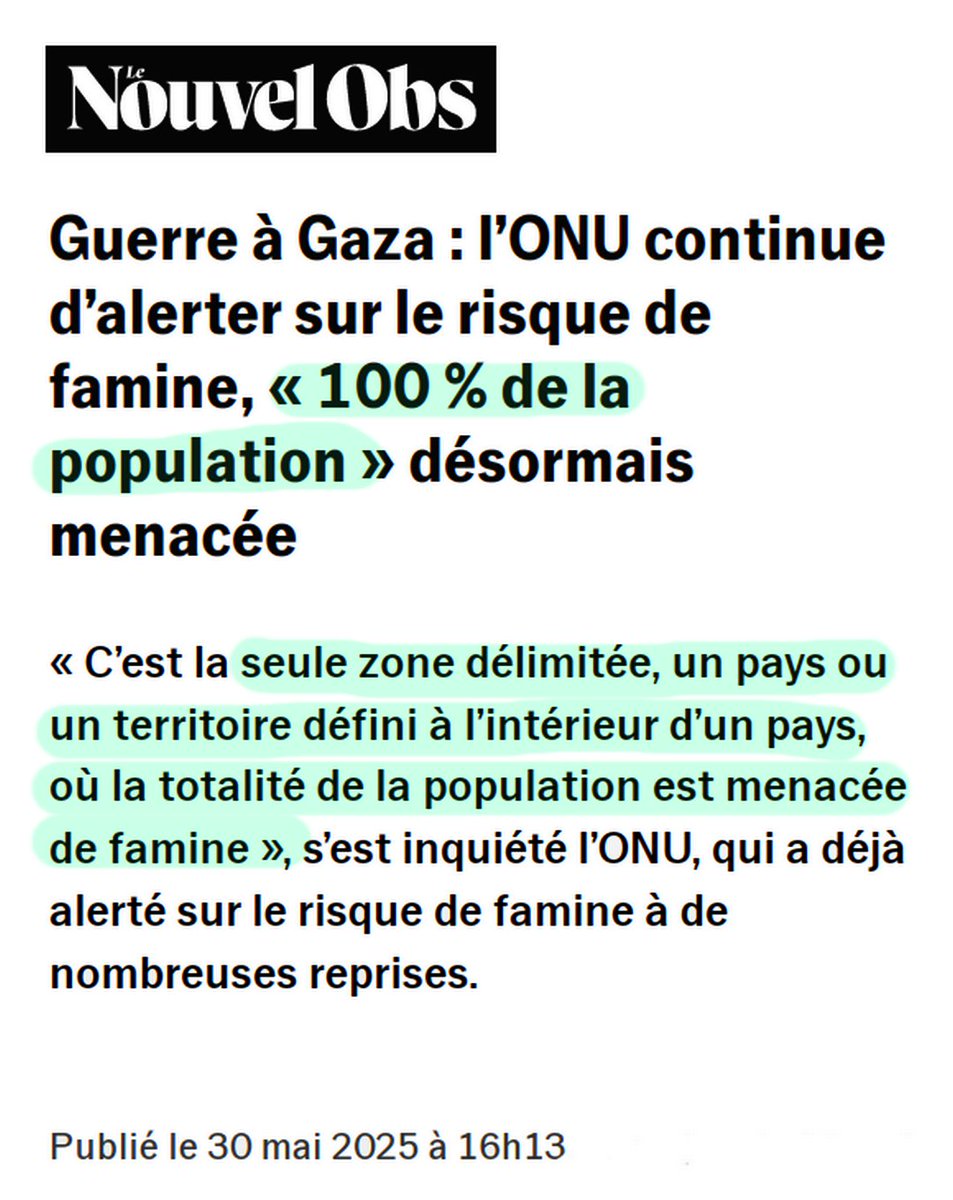 100% de la population de Gaza est menacée de famine.
« C’est la seule zone délimitée, un pays ou un territoire défini à l’intérieur d’un pays, où la totalité de la population est menacée de famine »
Génocide
