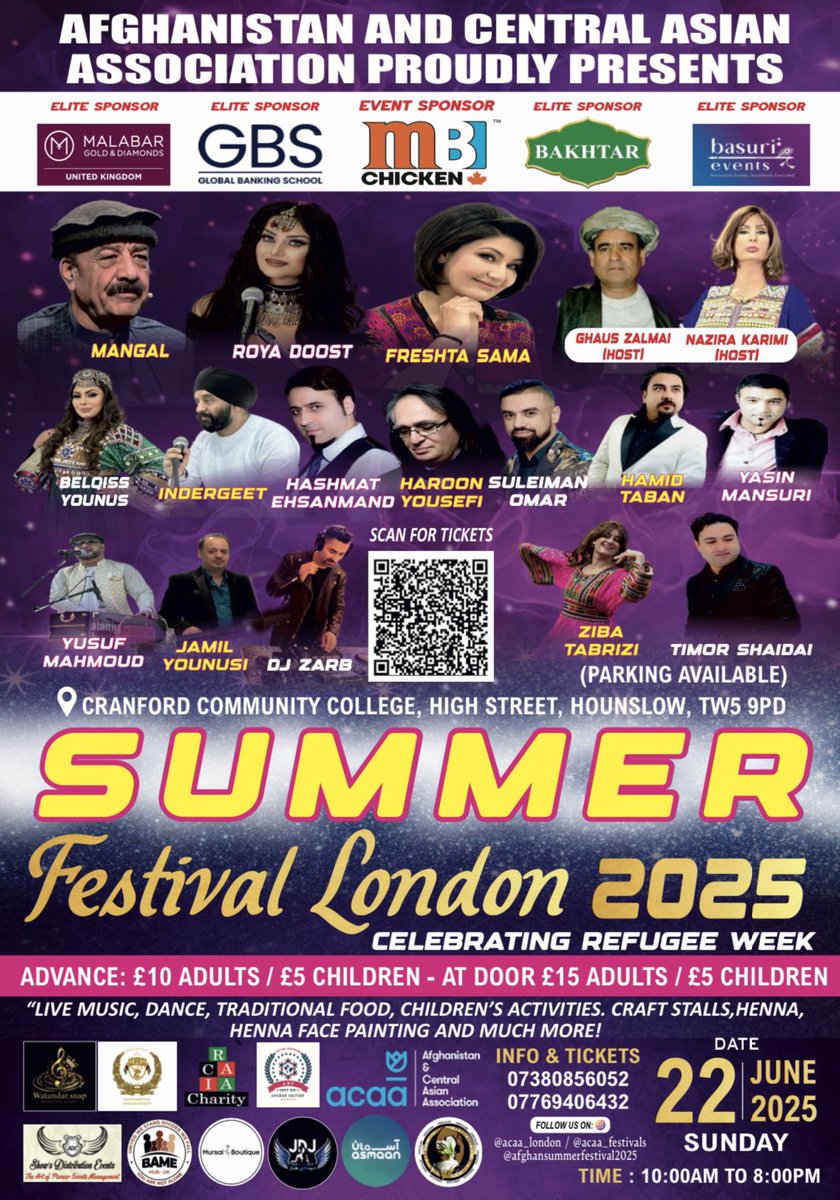 BOOK YOUR TICKETS NOW! 🎟️
Ticket, stall and sponsor enquiries: 07380856052, 07769406432

UK'S BIGGEST REFUGEE WEEK FESTIVAL
THE WORLD'S BIGGEST AFGHAN MUSIC FESTIVAL
AFGHAN SUMMER FESTIVAL 2025
ACAA SILVER JUBILEE FESTIVAL 2025
SUNDAY 22 JUNE 2025
10AM - 8PM
CRANFORD COMMUNITY