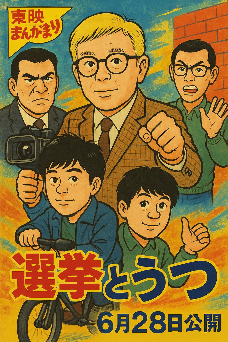 東映まんがまつりでは無いが、そういう感じでお願いしたよ。ボクの顔はそうか、当選後に髭剃って出てきた時のボクか。 #選挙と鬱二次創作ポスター