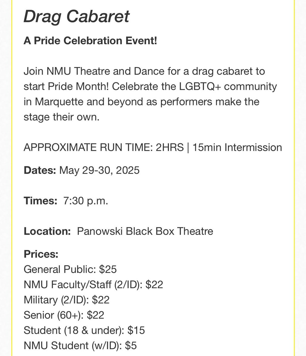 Libs of TikTok (@libsoftiktok) on Twitter photo 🚨TAXPAYER FUNDED PRIDE MONTH DRAG SHOW AT MICHIGAN UNIVERSITY
.<a href="/NorthernMichU/">Northern Michigan University</a> is holding a “Drag Cabaret” event for kids funded by your tax dollars to celebrate the start of lgbtq pride month
Why are our tax dollars funding the grooming of children??? 🚨TAXPAYER FUNDED PRIDE MONTH DRAG SHOW AT MICHIGAN UNIVERSITY
.<a href="/NorthernMichU/">Northern Michigan University</a> is holding a “Drag Cabaret” event for kids funded by your tax dollars to celebrate the start of lgbtq pride month
Why are our tax dollars funding the grooming of children???