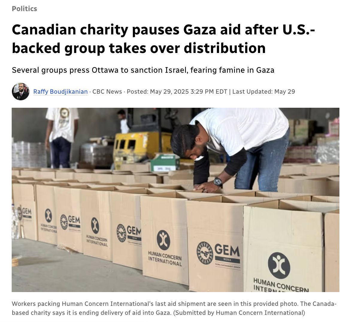 Thank you to <a href="/CBCRaffy/">Raffy Boudjikanian</a> and CBC for covering Human Concern International’s difficult decision to suspend aid delivery through the Gaza Humanitarian Fund.

Yesterday on Parliament Hill, HCI was joined by <a href="/OxfamCanada/">Oxfam Canada</a> and <a href="/SaveChildrenCAN/">Save the Children Canada</a> to urge Canada to reject Israel’s proposed