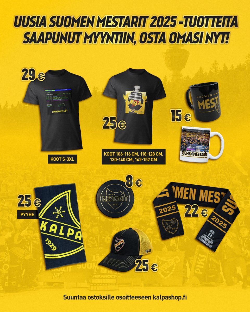 Uusia Suomen mestarit 2025 -tuotteita saapui myyntiin KalPa Shopiin! 🏆

Valikoimasta löytyy muun muassa teksti-tv -ja Ruusteri-paitoja, mestaruusmukeja, Suomen mestarit 2025 -kiekko sekä kaulaliina. 👊

Suuntaa ostoksille ➡️ kalpashop.fi

#KalPa #Liiga #Kuopio