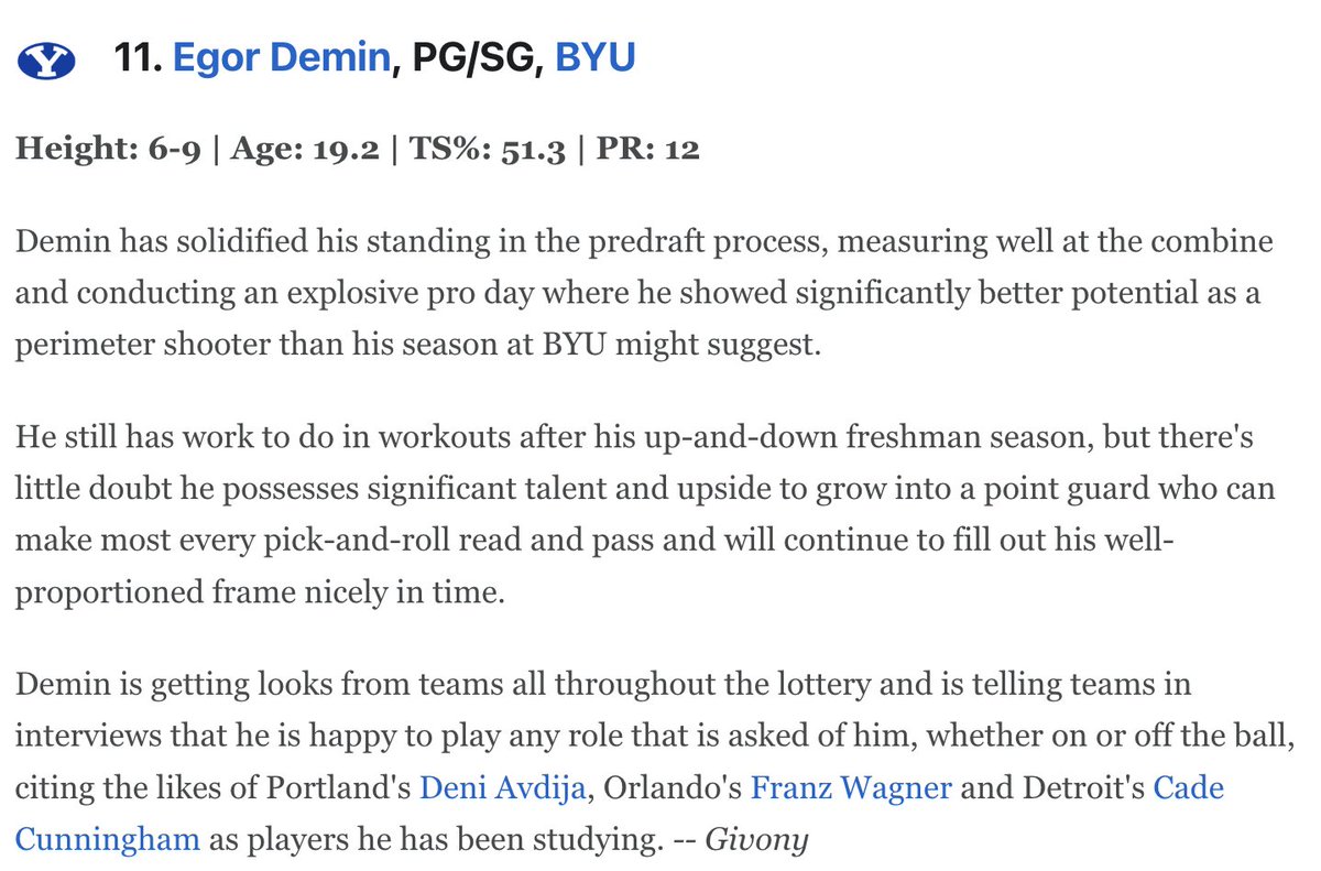 Jarom Jordan (@jaromjordan) on Twitter photo ESPN's <a href="/DraftExpress/">Jonathan Givony</a> moves <a href="/whoisegor3/">Egor Demin</a> to no. 11 in his NBA Draft Big Board.
espn.com/nba/story/_/id… ESPN's <a href="/DraftExpress/">Jonathan Givony</a> moves <a href="/whoisegor3/">Egor Demin</a> to no. 11 in his NBA Draft Big Board.
espn.com/nba/story/_/id…
