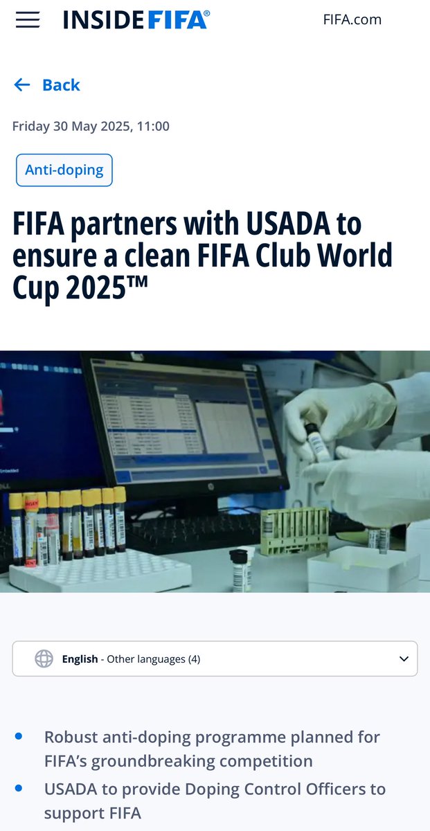 Our anti-doping programme for the <a href="/FIFACWC/">FIFA Club World Cup</a> is ready to be implemented.

Thanks to <a href="/usantidoping/">USADA</a> for its support &amp; collaboration.

Find more info 👇

inside.fifa.com/legal/anti-dop…