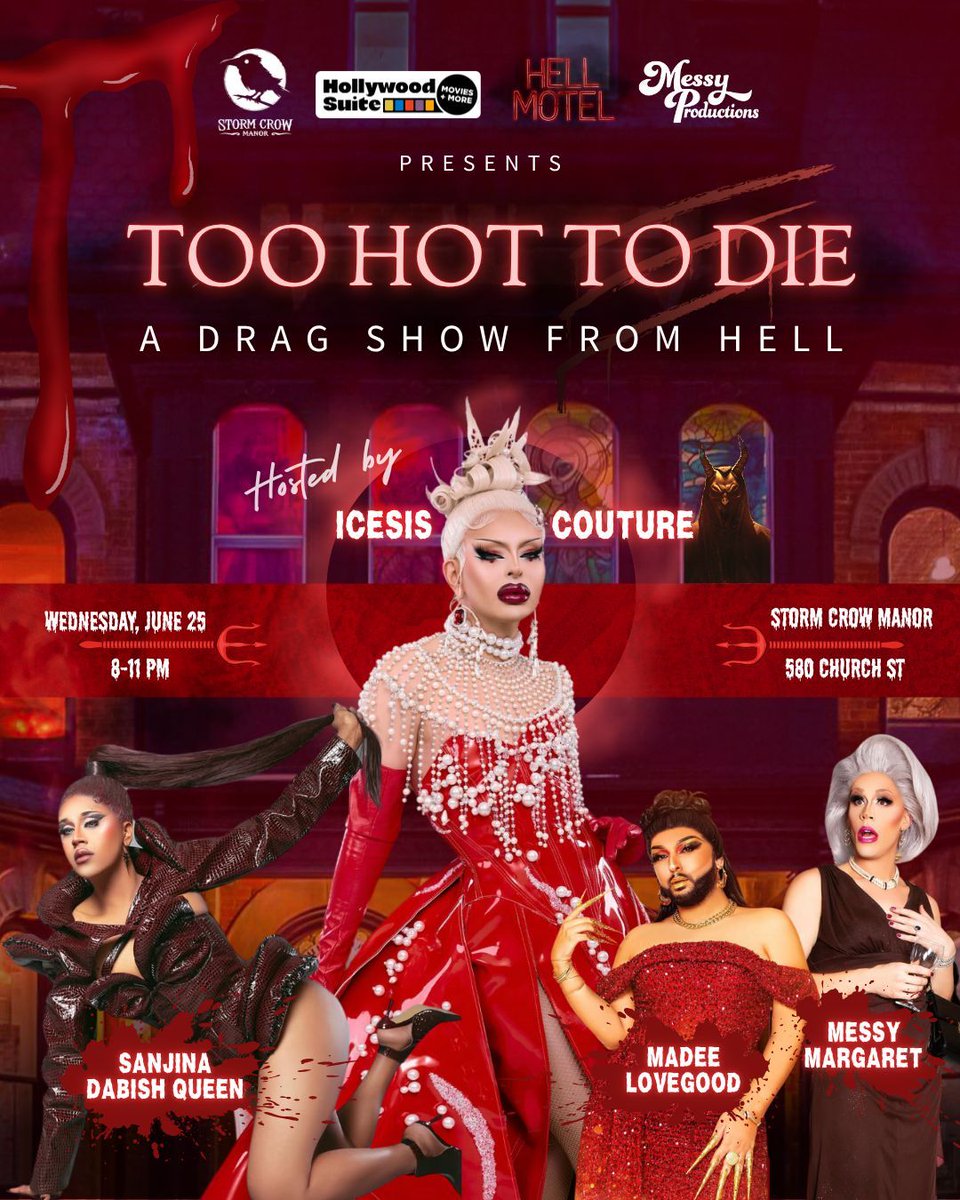Storm Crow Manor ๐ณ๏ธโ๐ (@stormcrowmanor) on Twitter photo Weโre teaming up with Hell Motel on <a href="/hollywoodsuite/">Hollywood Suite</a> and @messyproductionscanada to conjure a drag show thatโs kicking down the gates of hell...in heels of course ๐
Wednesday, June 25 | 8โ11 PM
#hellmotel #pridetoronto #torontopride #prideto #churchstreet #pride2025 Weโre teaming up with Hell Motel on <a href="/hollywoodsuite/">Hollywood Suite</a> and @messyproductionscanada to conjure a drag show thatโs kicking down the gates of hell...in heels of course ๐
Wednesday, June 25 | 8โ11 PM
#hellmotel #pridetoronto #torontopride #prideto #churchstreet #pride2025