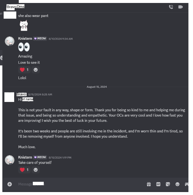 ElleranLL's tweet photo. @trishacuffari @Speedoshi *** Clarification -- Apparently Bravo didn't actually block Knistern. Bravo sent a message to discontinue any further interaction with Knistern and kicked Knistern from all mutual servers. You can see the message that Bravo sent to Knistern here: (from page 7 of doc) https://t.co/OeehiMbMmT