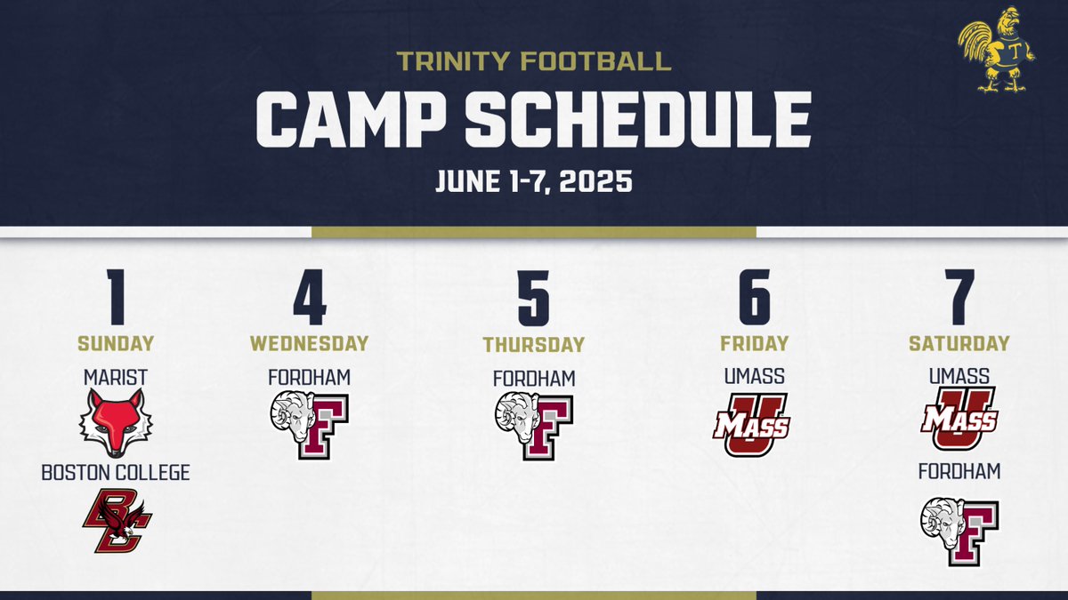 TrinCollFB's tweet image. 📍 Week 1 Camp Stops📍

Catch us at camps all week as we look for the next Bantams! 🏈🐔

#RollBants #TrinColl