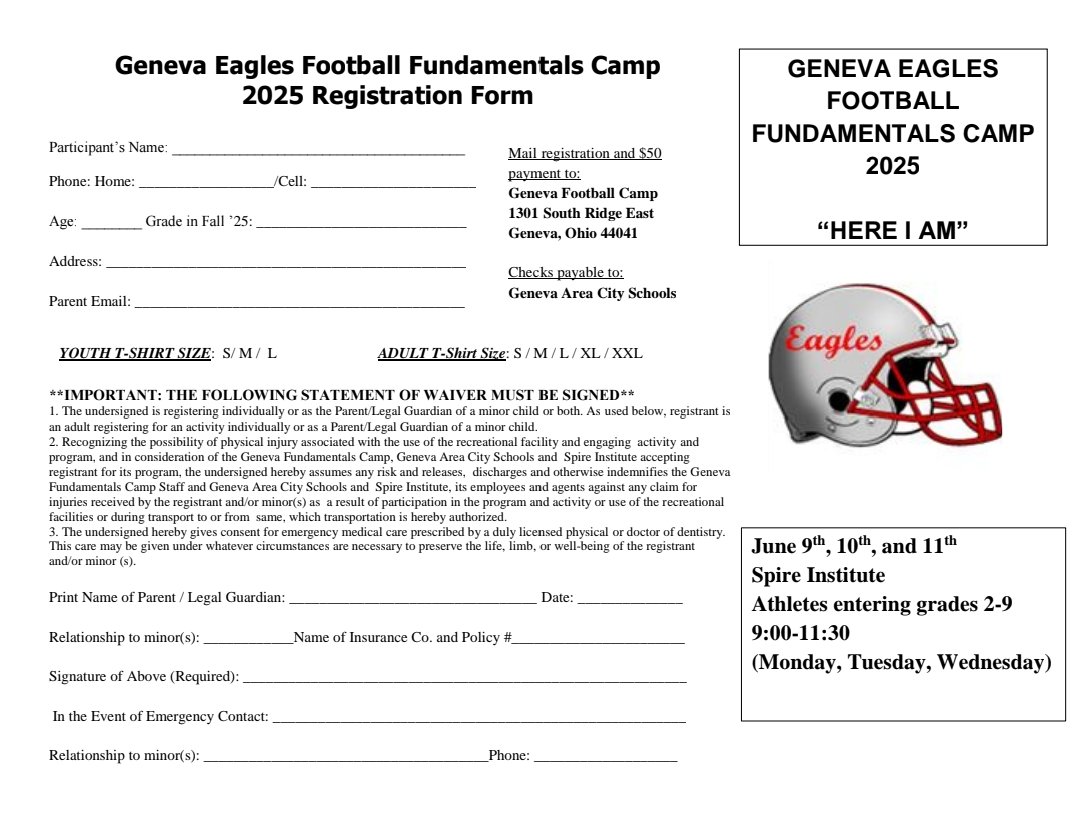 Geneva Eagles Football Fundamentals Camp is quickly approaching! Register by June 5th to guarantee your t-shirt!