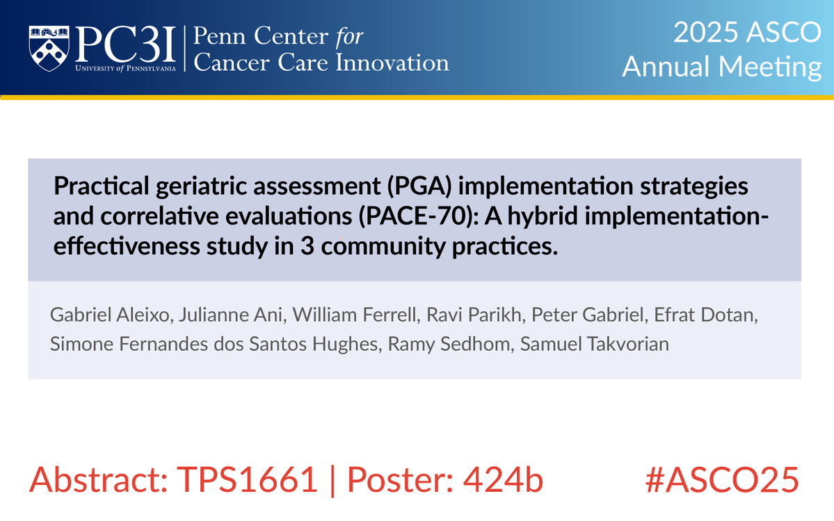 Penn Cancer Innovation (@pc3innovation) on Twitter photo #PC3IatASCO: <a href="/chefaleixomd/">Gabriel Aleixo</a>, <a href="/ramsedhom/">Ramy Sedhom, MD, FASCO</a>, <a href="/efratdotan/">Efrat Dotan MD</a>, & <a href="/ravi_b_parikh/">Ravi B. Parikh</a> evaluating implementation of the Practical #Geriatric Assessment & resulting #chemotherapy dose modification among older adults with #cancer.
#ASCO25 <a href="/ASCO/">ASCO</a>
meetings.asco.org/abstracts-pres…
pc3i.upenn.edu/news/pc3i-pres… #PC3IatASCO: <a href="/chefaleixomd/">Gabriel Aleixo</a>, <a href="/ramsedhom/">Ramy Sedhom, MD, FASCO</a>, <a href="/efratdotan/">Efrat Dotan MD</a>, & <a href="/ravi_b_parikh/">Ravi B. Parikh</a> evaluating implementation of the Practical #Geriatric Assessment & resulting #chemotherapy dose modification among older adults with #cancer.
#ASCO25 <a href="/ASCO/">ASCO</a>
meetings.asco.org/abstracts-pres…
pc3i.upenn.edu/news/pc3i-pres…