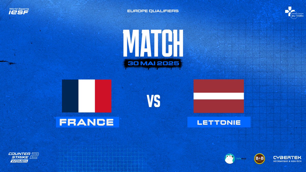 European Qualif IESF CS2 Women 🇫🇷

🎯 Dernière bataille des phases de groupe pour l'Équipe de France féminine !!

🇫🇷 France 🆚 Lettonie 🇱🇻
🕢 Coup d’envoi à 20h45
🎙️<a href="/Aieclakx/">Antoine Bchini</a> ft <a href="/JawedCS/">Jawed</a> 
🎥 twitch.tv/ffjv_officiel &amp; twitch.tv/jawedcs