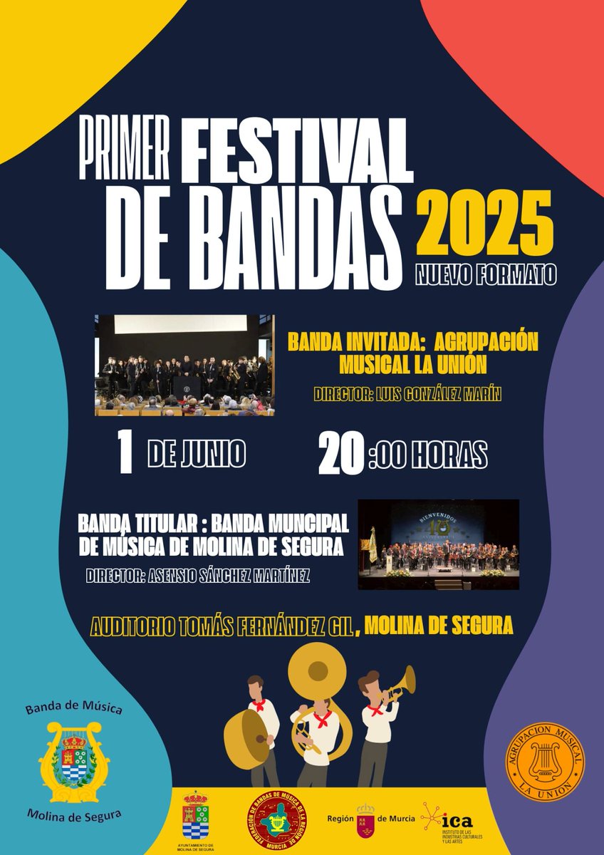 🎺 ¡Este #domingo es puro ritmo en #MolinaDeSegura! Llega el Primer #FestivalDeBandas con la 🎶 <a href="/LaBandaDeMolina/">Banda de Musica de Molina de Segura</a>  y la <a href="/amlaunion/">AM La Unión</a> .
 🗓 1 de junio
 🕗 20:00 h
 📍 Auditorio Tomás Fernández Gil
 #FestivalDeBandas #MúsicaEnVivo #MolinaDeSegura