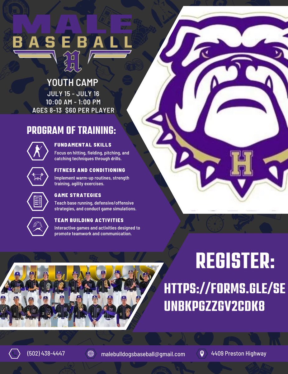 Future Bulldogs sign up today for our summer camp! Our current players &amp; staff look forward to showing you what we’re all about!!! ⚾️🟣🟡

docs.google.com/forms/d/1e6YHq…