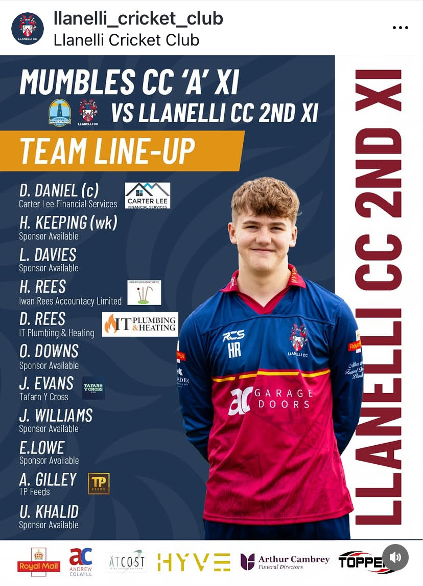 Tomorrow’s teams
1st XI
🆚 Drefach CC 1st XI
📍 The Ranch, Stradey Park
📅 Saturday | 🕐 1pm start

Match Day Sponsored by our Shirt &amp; Player Sponsors.

Pack  The Ranch for another local derby

2nd XI
🆚 Mumbles CC ‘A’ XI
📍 Underhill Park, Mumbles
📅 Saturday | 🕐 1pm start